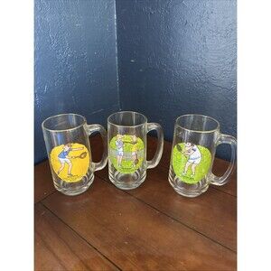Vintage Ashby Tennis Cartoon Cocktail Beer Glasses Mug Gold Rim 1970’s Set Of 3